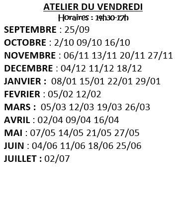 Calendrier atelier du vendredi